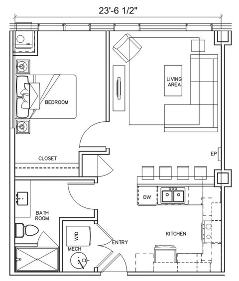 Floor plan for 1 bed, 1 bath, 680 sqft